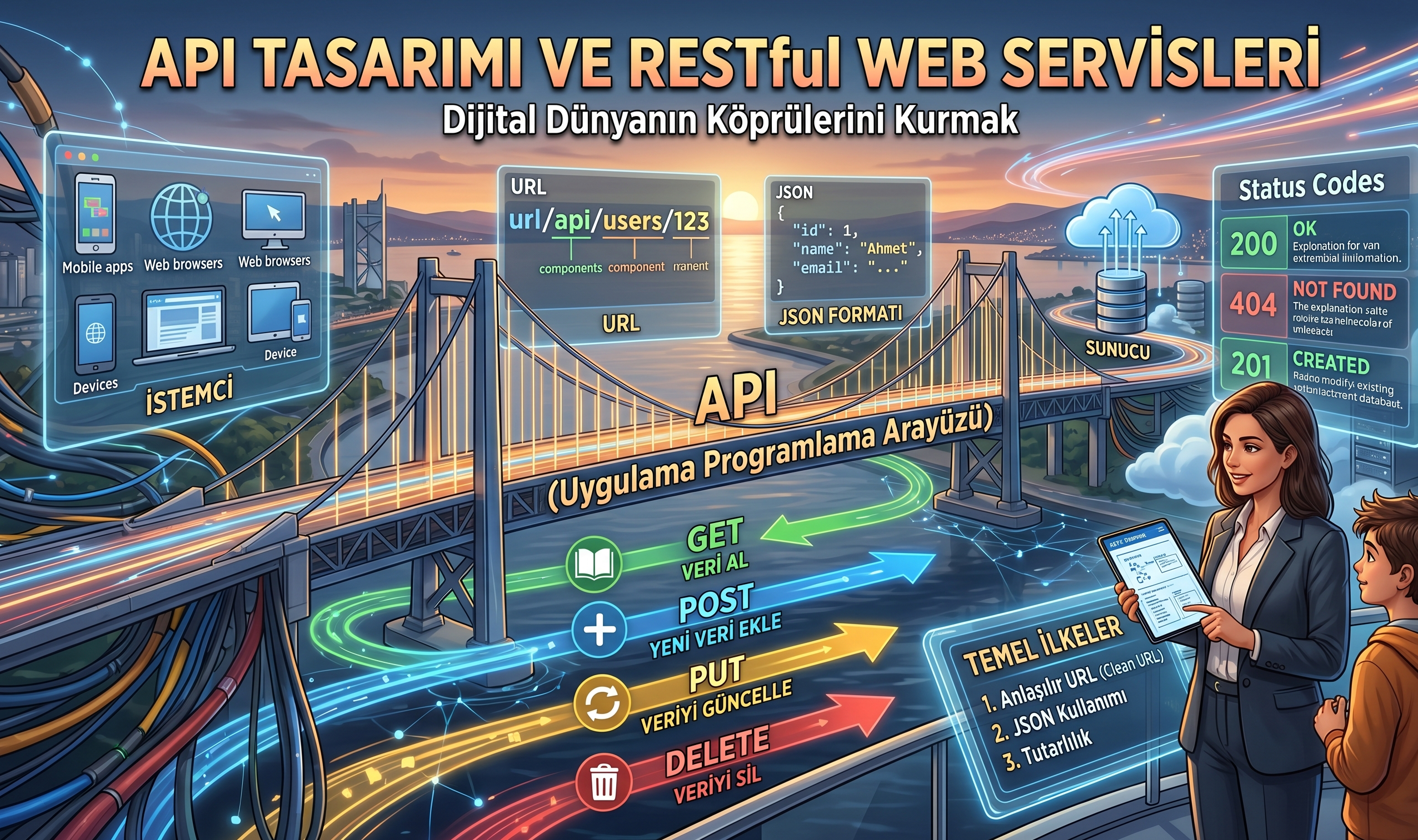 API Tasarımı ve RESTful Web Servisleri: Dijital Dünyanın Köprüleri 🌉 Kapak Görseli