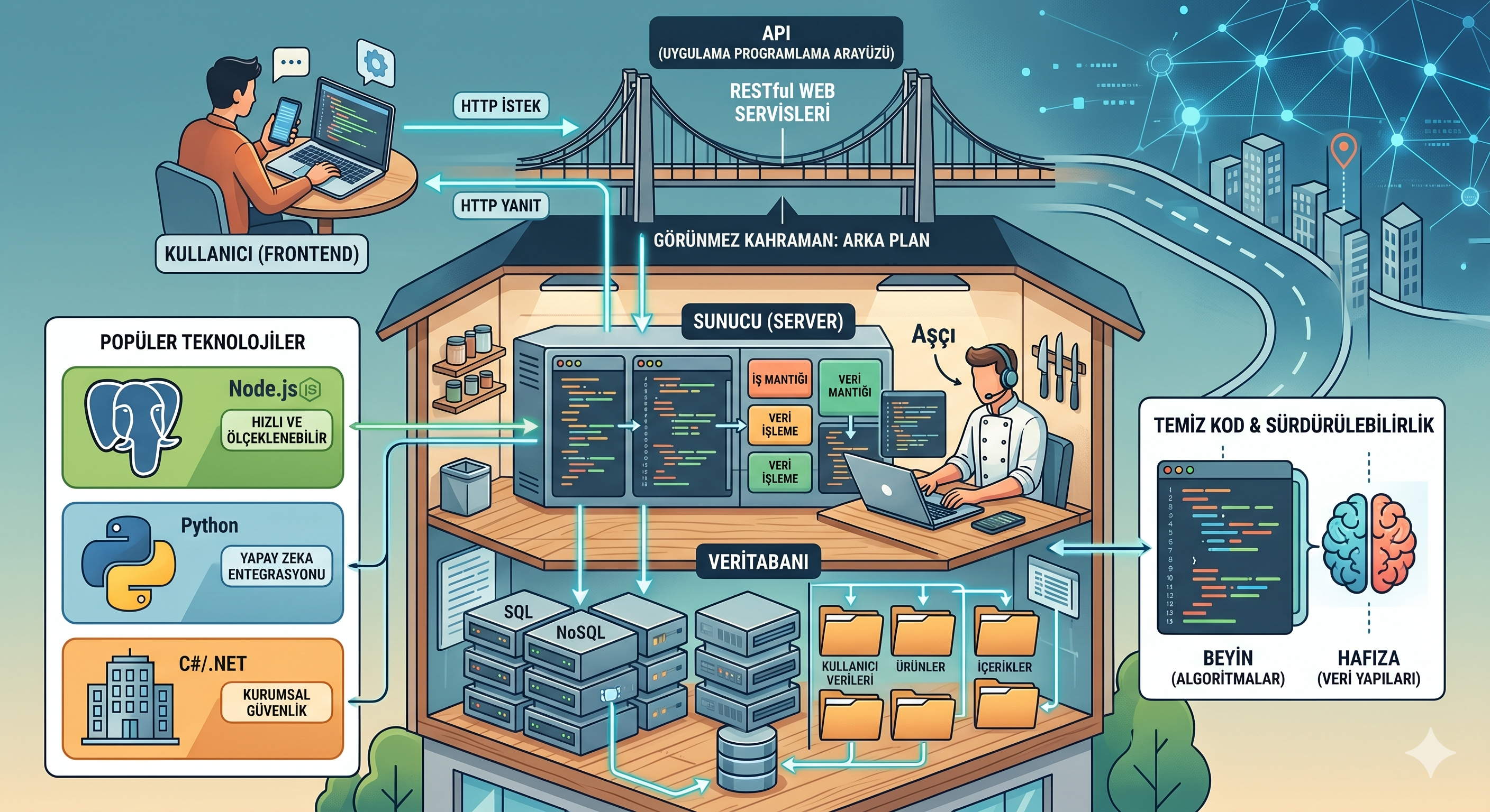 Backend Geliştirme: Modern Yazılımın Görünmez Kahramanı 🏗️ Kapak Görseli